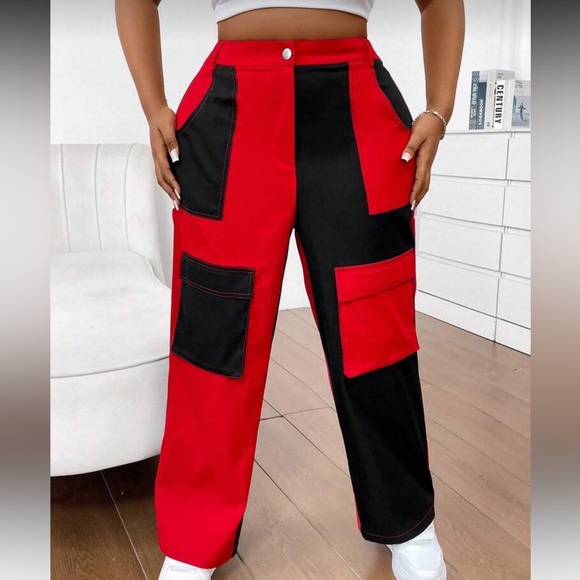 Flirla Plus Size Color Block Slanted Pocket Straight Leg Cargo Pants - Picture 4 of 9